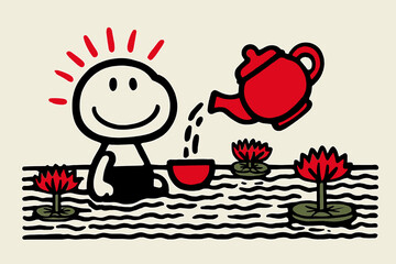 Whimsical Teapot Pouring Tea Over Lily Pads