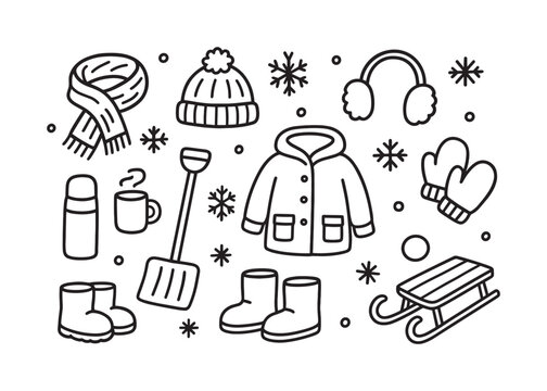 Winter Accessories Doodle. Winter accessories. Hand-drawn doodle illustration winter accessories scarf, hat, mittens, earmuffs, boots, coat, snowflakes,