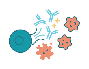 B-Cell Antibody Release. Antibody production. A B-cell releases glowing Y-shaped antibodies, spark icons clustering around invading shapes. Gentle curves show
