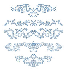 Elegant floral Baroque dividers in blue tones. Hand-drawn minimalist line art vector design with elegant and royal ornaments . Perfect for invitations, wedding monogram, logos, and classic prints.