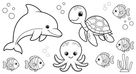 Adorable cartoon illustration of a dolphin turtle octopus and fish swimming amongst bubbles a charming silhouette © rabbivay