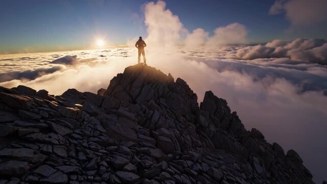 sunrise silhouette standing above endless clouds, dramatic summit scene with low sun casting long shadows across jagged granite, sweeping cloud inversion below, cinematic mood suited for inspiration,