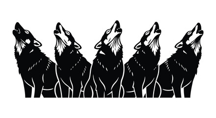 a group of five wolves howling at the moon depicted in a striking black and white silhouette © rabbivay