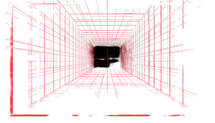 Perspective view of a neon red, geometric tunnel against black background
