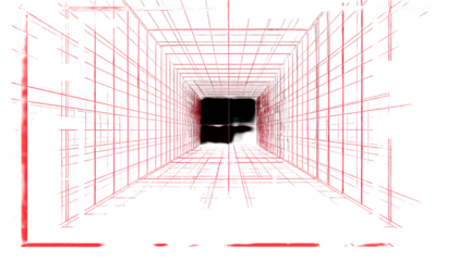Perspective view of a neon red, geometric tunnel against black background