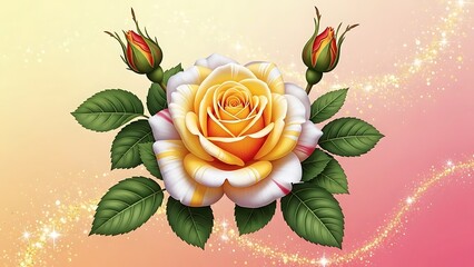 beautiful yellow rose with green leaves and buds