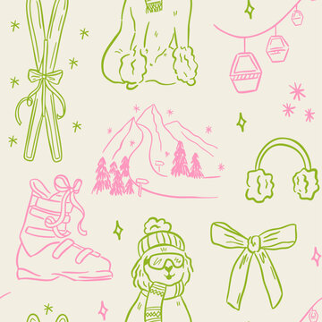 Hand drawn winter ski and apres ski seamless pattern in whimsical doodle style. Includes skiers, snowboard, clothing, equipment, cocktails and holiday elements. Cute line art, vintage background