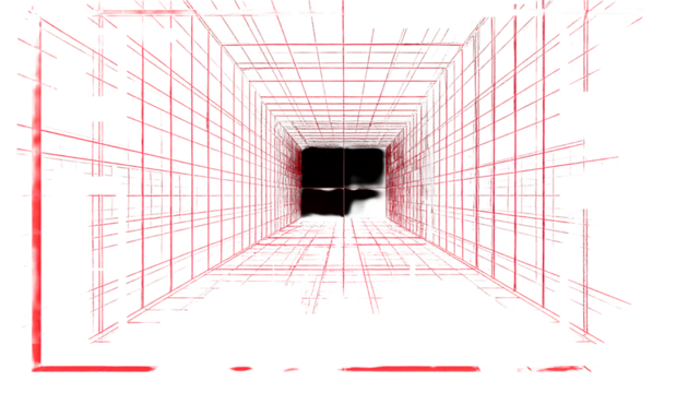Perspective view of a neon red, geometric tunnel against black background - Powered by Adobe