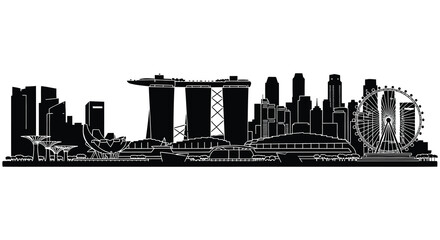 A striking black and white cityscape view of singapore s iconic landmarks in a bold silhouette