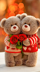 Two adorable teddy bears share a sweet moment with red roses in a cozy bokeh-filled setting during a romantic evening