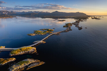 view of the Atlantic Ocean Road near Kristiansund in central Norway at sunset