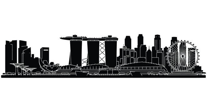 A striking black and white cityscape view of singapore s iconic landmarks in a bold silhouette - Powered by Adobe