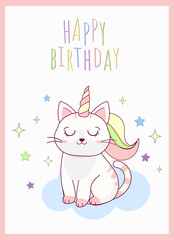 happy birthday card with illsutration of unicorn