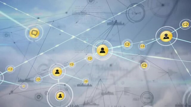 Animation of network of connections with icons over data processing
