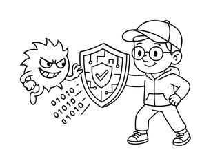 Fototapeta premium Hacker vs Virus Battle. Hacker and defender characters children?s coloring book illustration, outlined drawing, friendly white-hat hacker blocking a sneaky