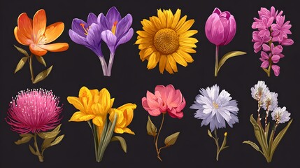 Fototapeta premium Colorful and vibrant floral illustrations set against a dark, contrasting background