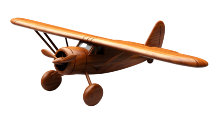 A wooden model airplane with a propeller and wheels against a black background