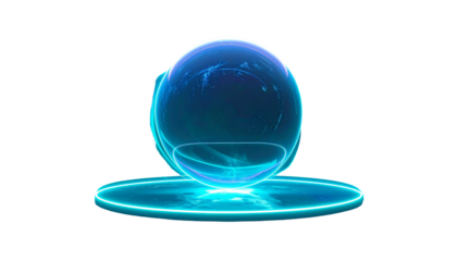 Luminous blue orb hovering over a circular platform, against black background