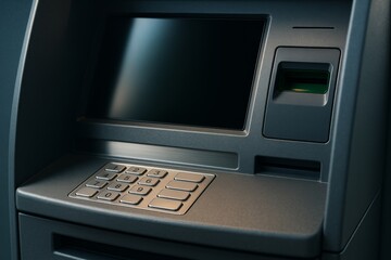 Close-up view of modern ATM keypad, card slot, and blank screen with soft light on dark background for banking and finance technology concept. Ai generative