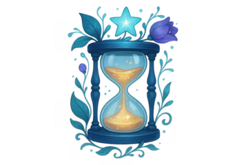 Magic hourglass with sparkling sand, blue star, and floral elements