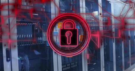 Animation of padlock and digital data processing over computer servers - Powered by Adobe