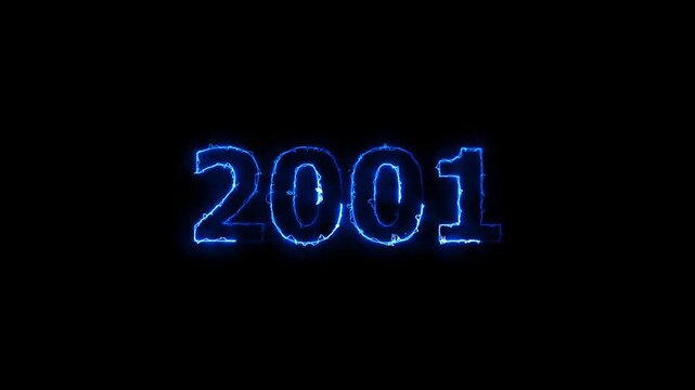 New year 2001 text icon animation glowing neon arc reactor and blue color number anniversary template banner sign signboard holiday code digit rectangle box font letter word on black background