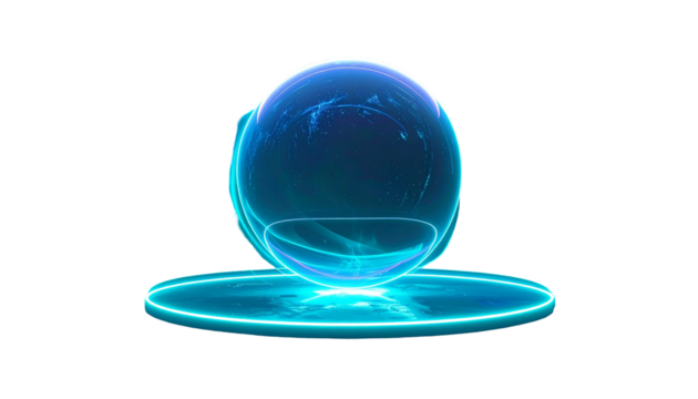 Luminous blue orb hovering over a circular platform, against black background - Powered by Adobe