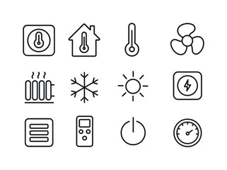 Home Temperature Icons. Home temperature control. Line icon set of Home temperature control: smart thermostat, house, thermometer, fan, radiator, snowflake,