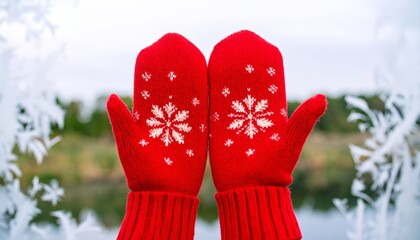 Pair of Red Knitted Mittens with Snowflake Designs