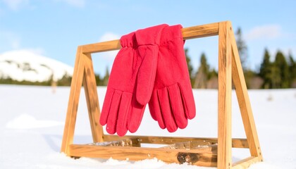 Pair of Bright Red Mittens Hanging on a Wooden Rack Outdoors in Winter