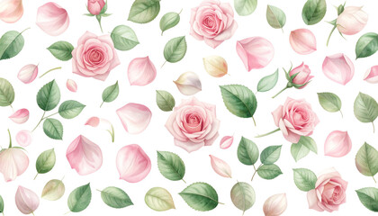 Soft pink roses and petals scattered on a black background