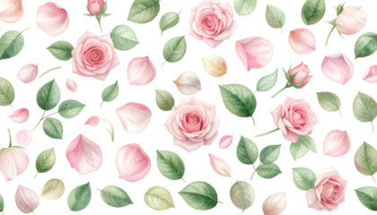 Soft pink roses and petals scattered on a black background