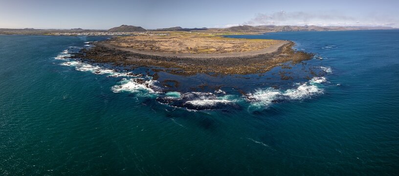 drone panorama landscape of the Hopsnes Peninsula and reefs near Grindavik in southwestern Iceland