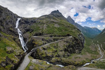 Obraz premium view of the iconic Trollstigen serpentine mountain road on County Road 63 in Norway