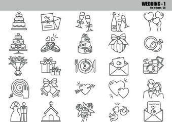Wedding Line Icons Set &ndash; Marriage, Love, Ceremony & Romantic Outline Symbols, Editable Vector Pack