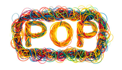 POP" spelled out with colorful rubber bands against a black background