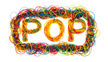 POP" spelled out with colorful rubber bands against a black background