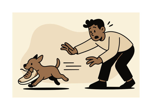 Sneaker Snatcher. Pet hiding the shoe. A small pet running off with a sneaker; motion lines trailing behind. Person reaching out in mild panic. Modern flat