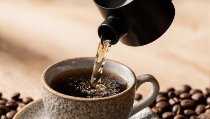 Pouring coffee into a textured ceramic mug