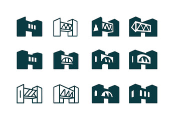 Skybridge Icon Set. Skybridge. Icon set. Set Logo of skybridge: enclosed glass skybridge. harmonious logo variations of the same emblematic concept, each with