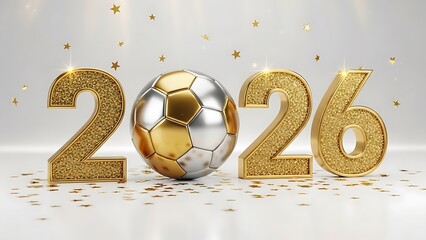 New 2026 number soccer ball and confetti on a black background. 3d illustration.
