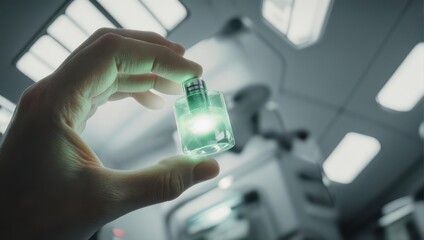 Close-up of a hand holding a glowing green cube-like object in a modern, sterile room