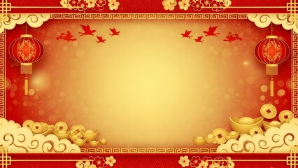 A festive red and gold Chinese New Year background with lanterns, flying birds, gold coins, and auspicious clouds.
