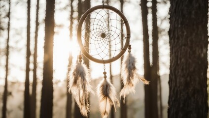 Dream catcher hanging in a forest, sunlight filtering through trees