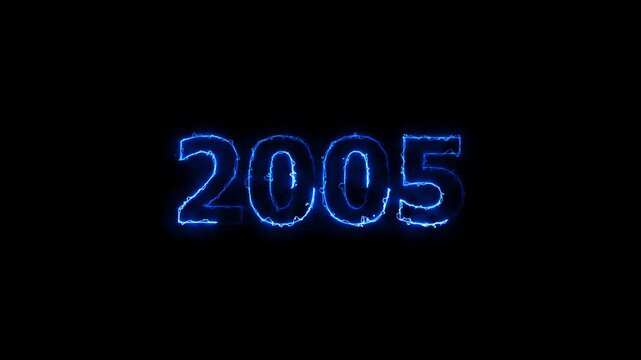 New year 2005 text icon animation glowing neon arc reactor and blue color number anniversary template banner sign signboard holiday code digit rectangle box font letter word on black background