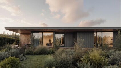 Modern house with expansive windows, set amidst landscaping