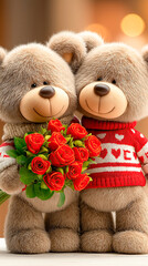 Cute teddy bears with roses celebrate love in a cozy indoor setting during a romantic occasion