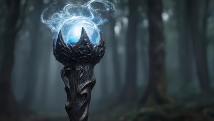 Enchanted staff with glowing orb in misty forest