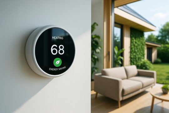 Smart thermostat on wall displaying 68 degrees in energy-saving mode, with eco-friendly home interior and garden in soft daylight background. Ai generative