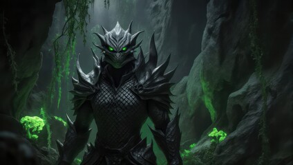 Dark, armored creature in a cave